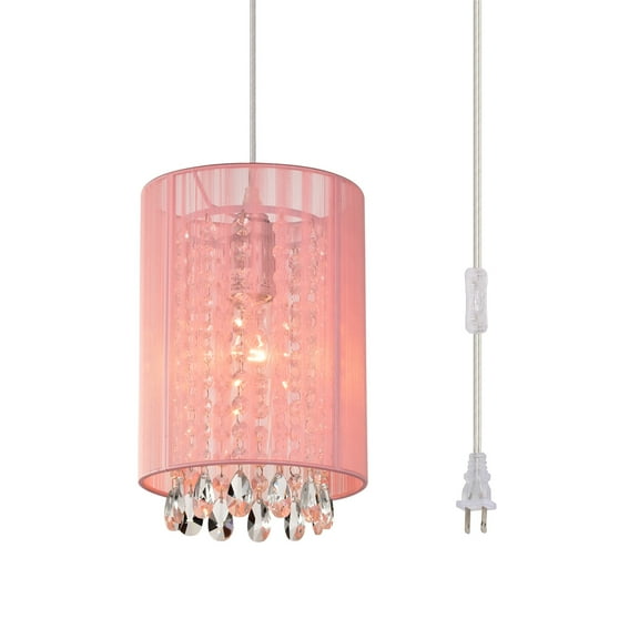 Pink Plug-in Hanging Lamp with Crystals - 1-Light Pendant Light for Living Room, Bedroom, Girls Room, Vanity, Playhouse, or Closet