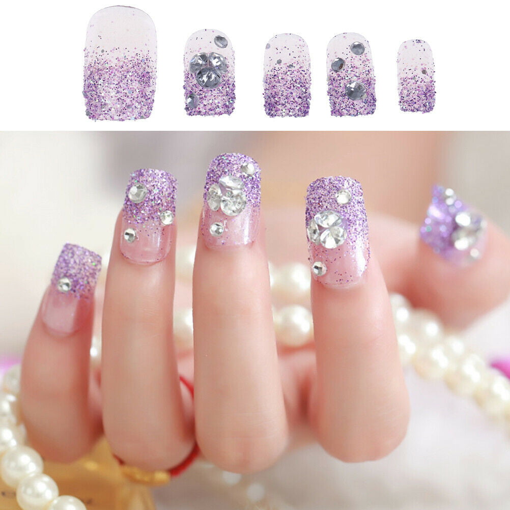 24x purple shining false nails transparent square full ...