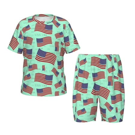 Luyuia Usa Flag Print Girls  2-Piece Tie-Dye Pajama Set  Cute Summer Loungewear with Shirt and Tank Shorts Nightwear-Medium