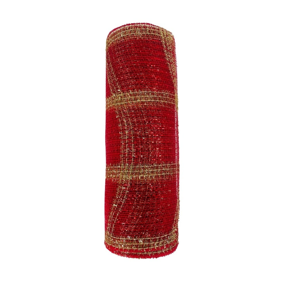 Ribbon Tinsel Mesh Red Gold Plaid 10.5" x 10Yds 10.5x10YD
