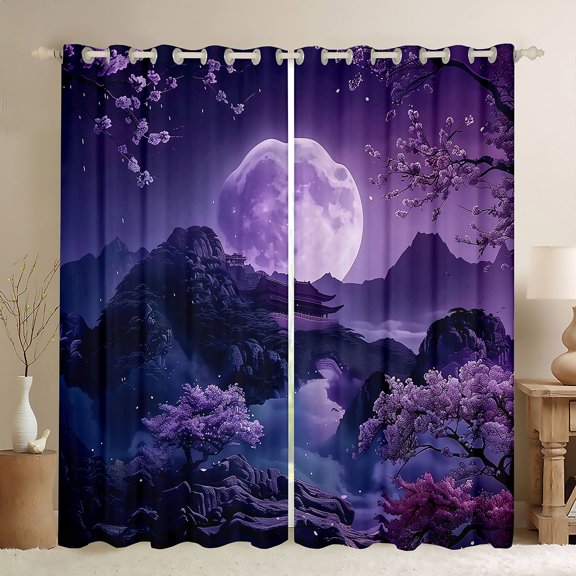 Manfei Fantasy Temple Black Out Curtains for Teens, Purple Moon Cherry Curtains Pack of 2 (42x63 Each), Purple Black Pink