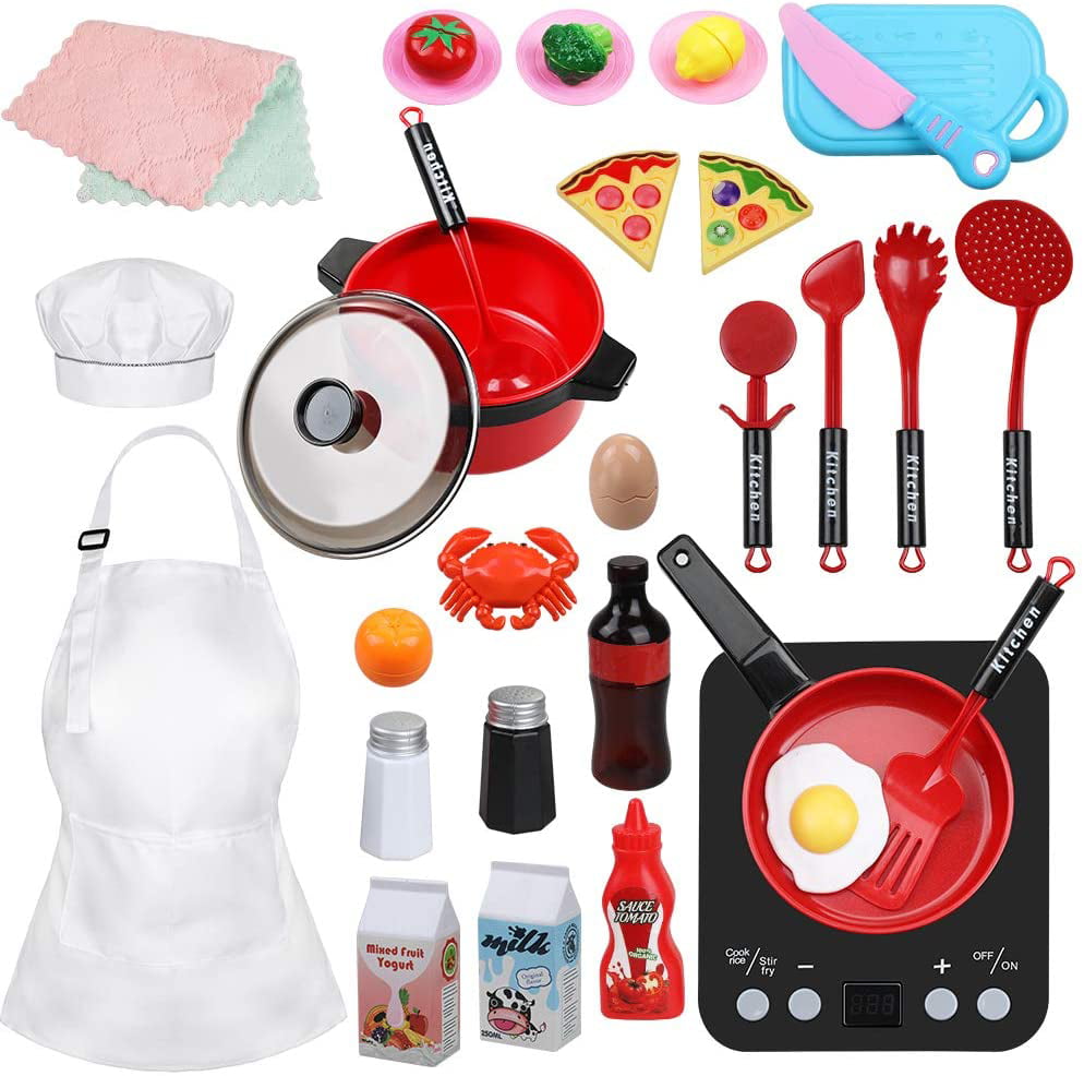 Details about   32 PCS Toys Kitchen Playset Play Induction Cooker Pots Pans and Food Set for Kid 