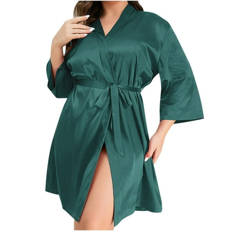 HAPIMO Lingerie Silk Robe Bathrobe Lightweight Cardigan Pajamas for Women Holiday Half Sleeve Waistband Comfy Relaxed Sleepewear Lace Teen Girls Satin Trendy Green XXXXXL