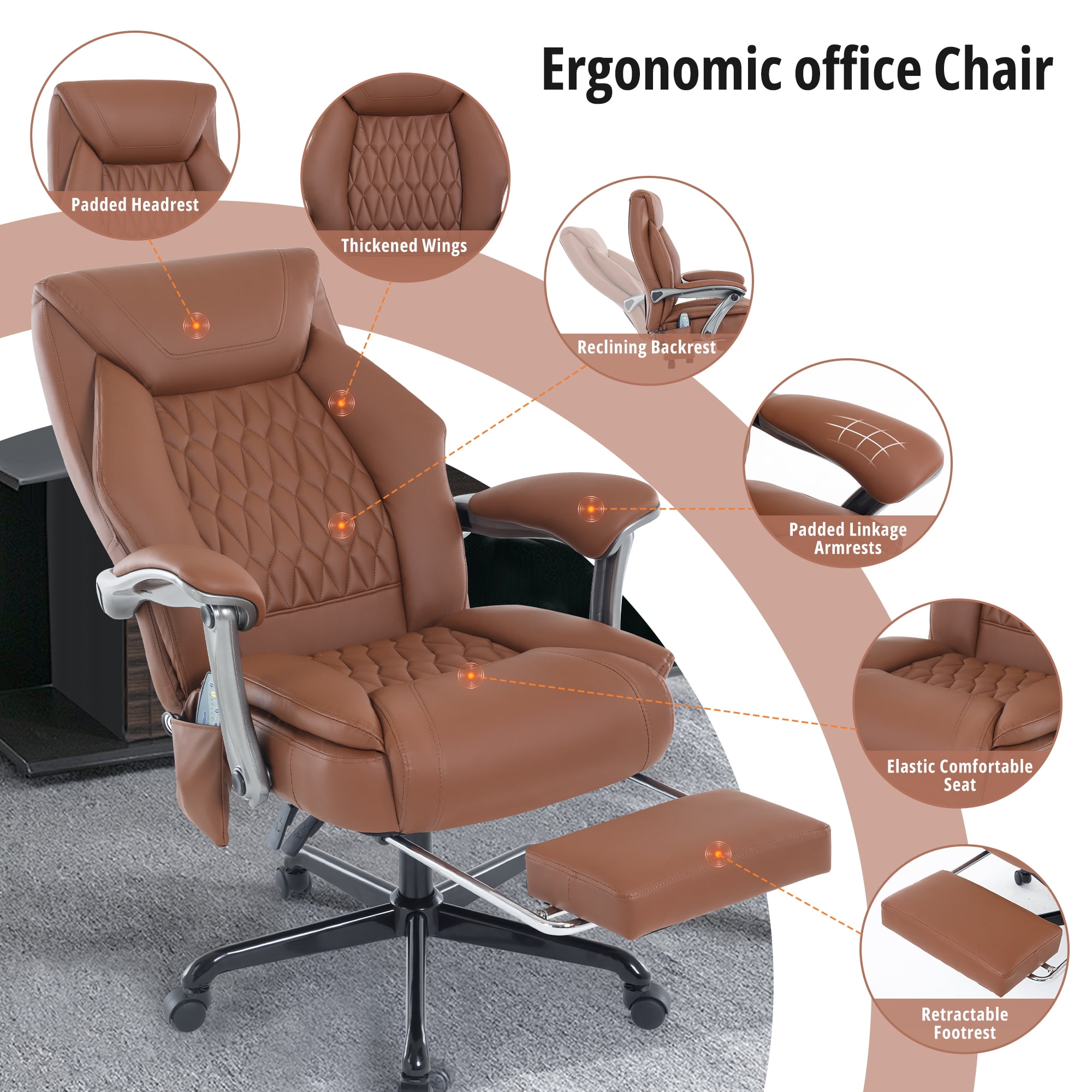 Heated Massage Office Chair with 6 Points Vibration, Reclining Ergonomic Desk Chair with Footrest for Extra Comfort, PU Leather High Back Executive Computer Chair, Thick Padded Massage Chair