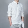 thumbnail image 2 of Qingpeng Clearance Men's Linen Long Sleeve Shirts Button Down Banded Collar Basic Casual Shirt Tops, 2 of 3