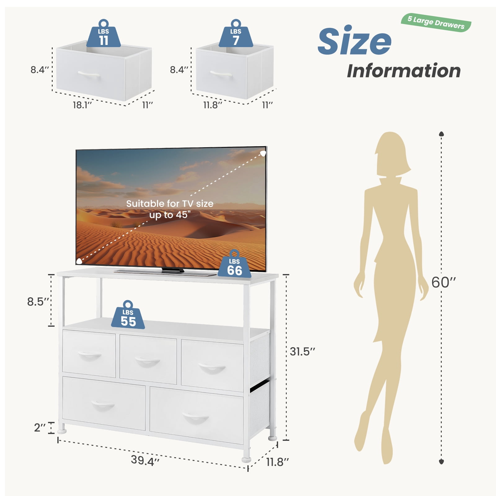 Tall Dresser Fabric Storage Tower with Wooden Top for Closet, White