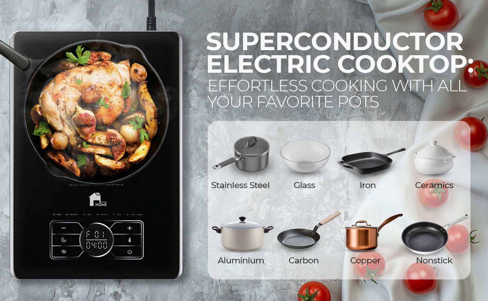 EconoHome Superconductor Portable Cooktop - Extra Thin & Portable Electric Stove for Cooking, Kitchen, Home, Apartment, Dorm - Stainless Steel, Microcrystalline Glass Burner - Adjustable Temperature