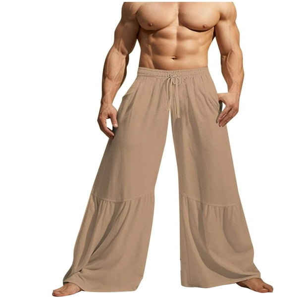 Pantalones largos para hombre, moda informal, lino liso, holgados, elásticos, con cordón, transpirables, para vacaciones, de poliéster