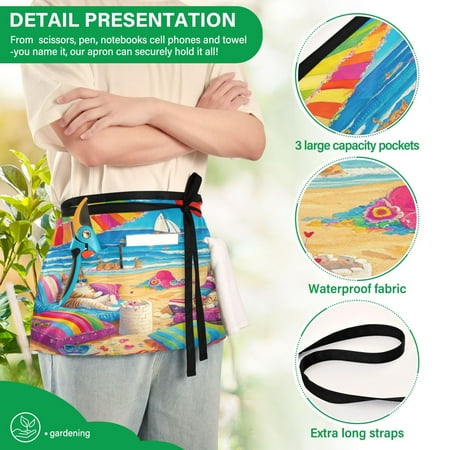 

YAZAOO Aprons with Pockets for Server Aprons with 3 Pockets Water Resistant Half Waist Apron Cats Enjoying on The Beach