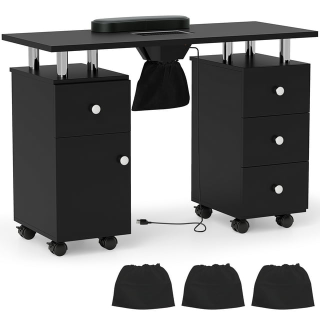 Costway Table de Manucure Roulante pour Ongles de Bureau avec 8 Roues Verrouillables et Collecteur de Poussière Électrique 3 Sacs à Poussière Repose-Poignet Noir