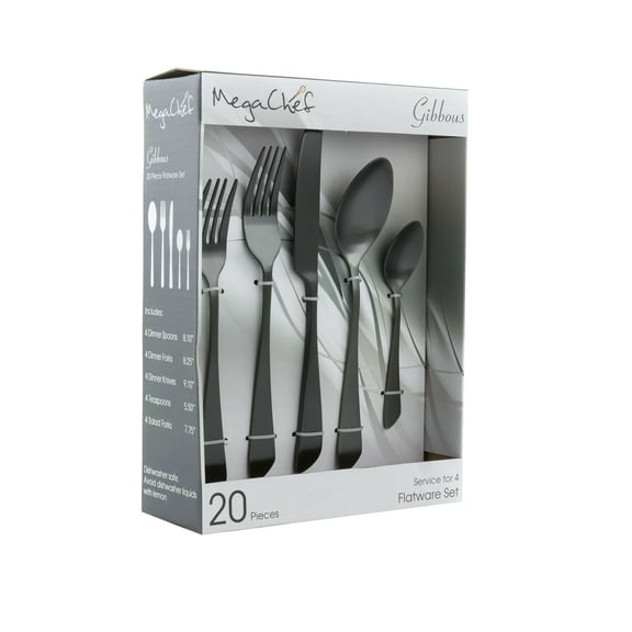 MegaChef  Stainless Steel Silverware Metal Gibbous Flatware Utensil Set, Black - 20 Piece