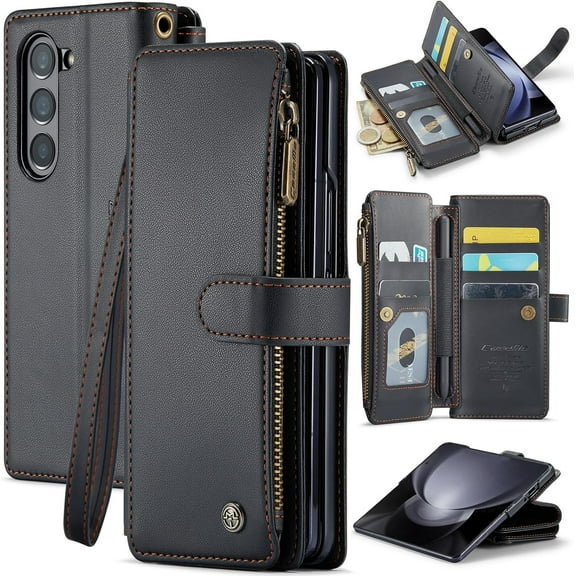 for Samsung Galaxy Z Fold 5 Case with S Pen Holder, Z Fold 5 Wallet Case with Card Holder for Women Men, RFID Blocking Kickstand Zipper Shockproof Phone Case for Galaxy Fold 5, Black