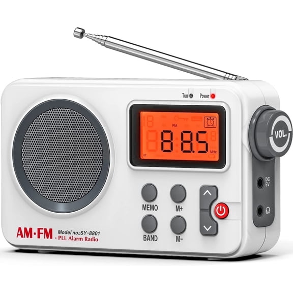 Portable AM FM Radio, Compact Personal Radio, Transistor Radio with Loud Speaker, Digital Time Display, Battery Operated or DC USB, Clear Dial, Headphone Jack, Perfect for Indoor, Outdoor Use- White