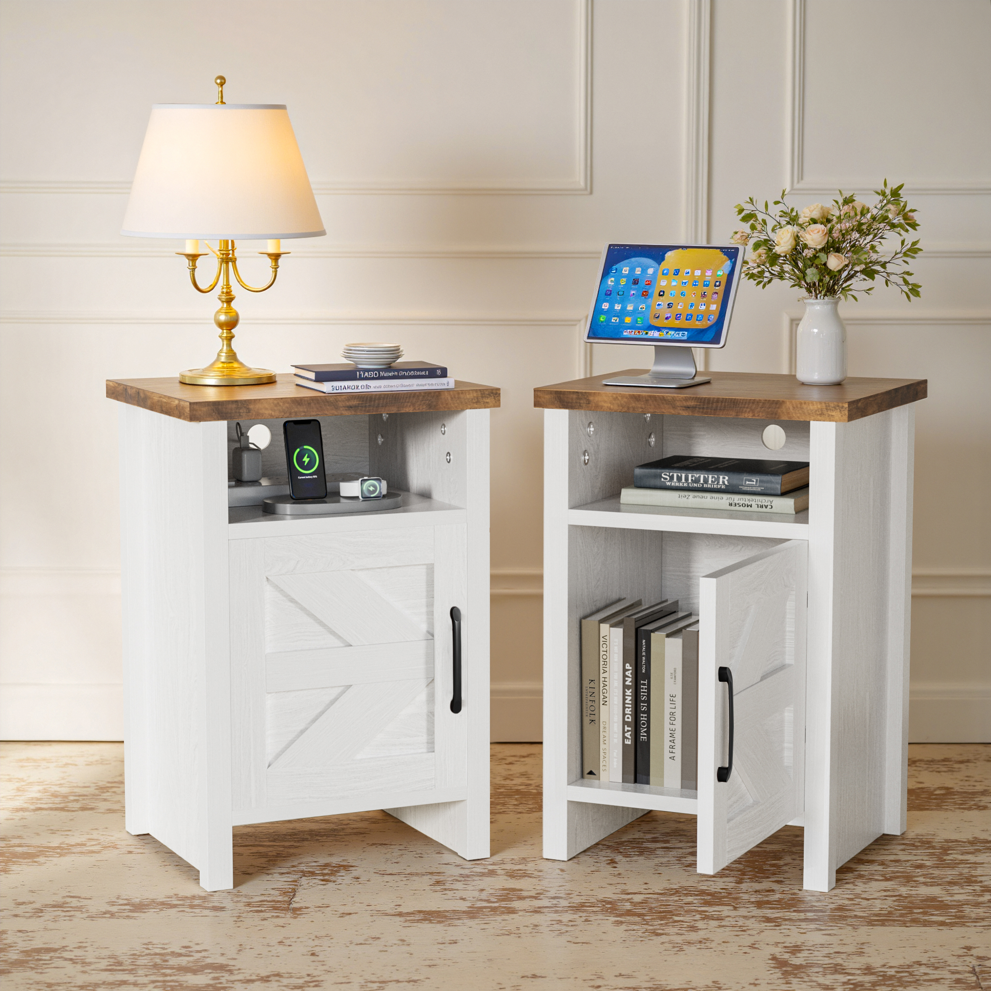 Vineego Nightstand Set of 2 Farmhouse Nightstand with Storage Shelves Bedside Tables End Table for Bedroom Modern Wood Side Table Living Room,White