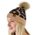 thumbnail image 2 of C.C Animal Print Soft Warm Knit Cuff Faux Fur Pom Beanie, Latte, 2 of 4