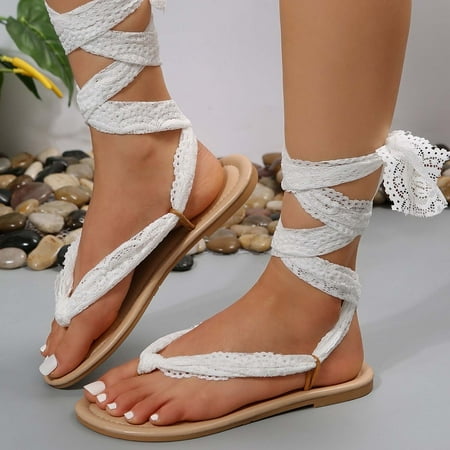 

TUTUnaumb Women s Sandals Size 6 Girls Sandals Women Shoes Summer Ladies Fashion Sandals Lace Lace-Up Solid Color Round-head Flat Casual Sandals Casual Summer Sandals for Women-White-37