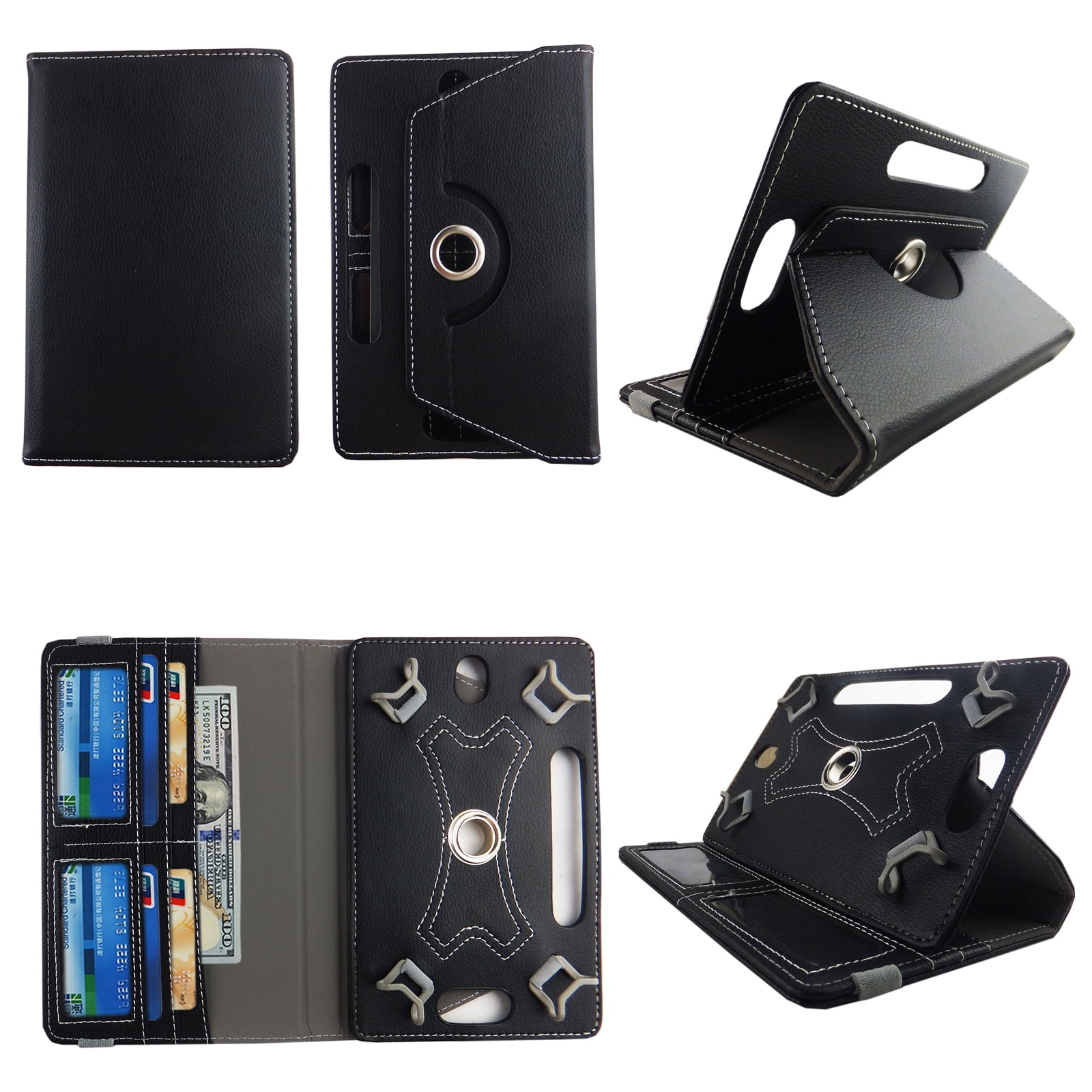 Black tablet case 8 inch for Polaroid 8&quot; 8inch android tablet cases 360 rotating slim folio stand protector pu leather cover travel e-reader cash slots