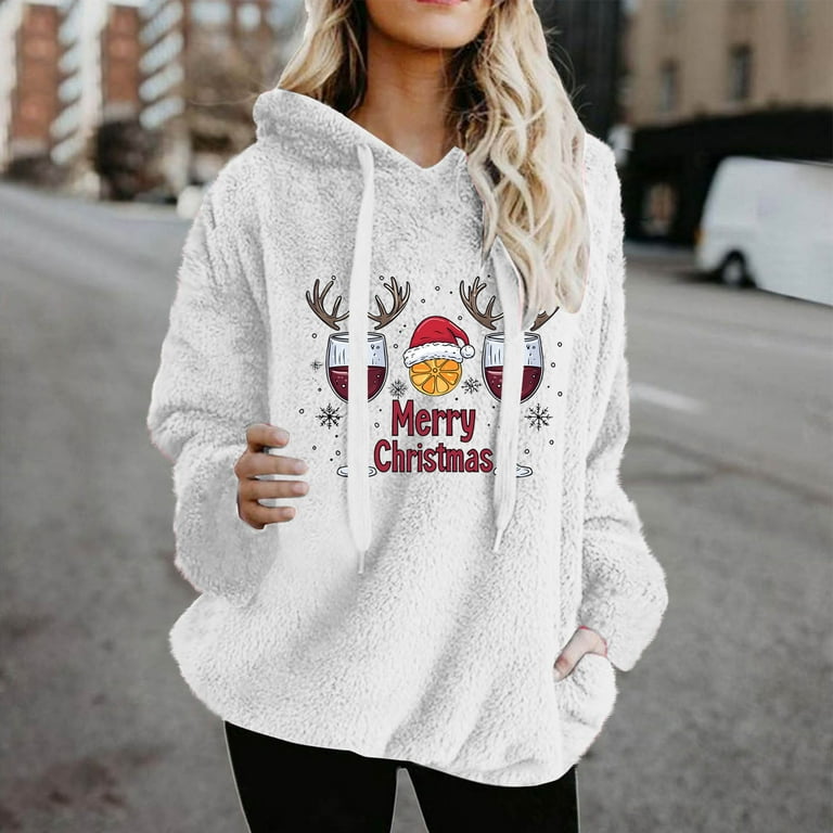 Women's Merry Christmas Hoodies Teddy Fleece Jumper Funny Wine