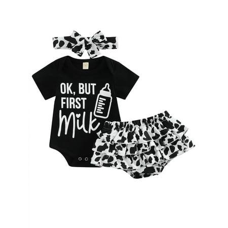 

Calsunbaby Newborn Baby Girls Summer 3Pcs Outfit Sets Short Sleeve Romper Cow Print PP Shorts Headband Black 12-18 Months