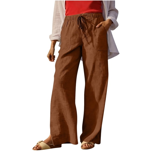 Pantalones de Cintura Elástica para las Mujeres Pantalones Casuales de Lino de Color Sólido con Bolsillos, Pantalones de Piernas Anchas de Verano Transpirables para la Playa Y el Uso Diario
