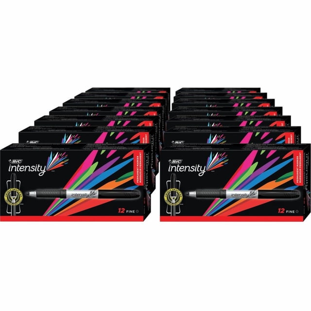 BIC Mark-it Pointe Fine Marqueurs Permanents - Pointe de Marqueur Fine - Rétractable - Noir - Baril Argenté - 18 / Carton