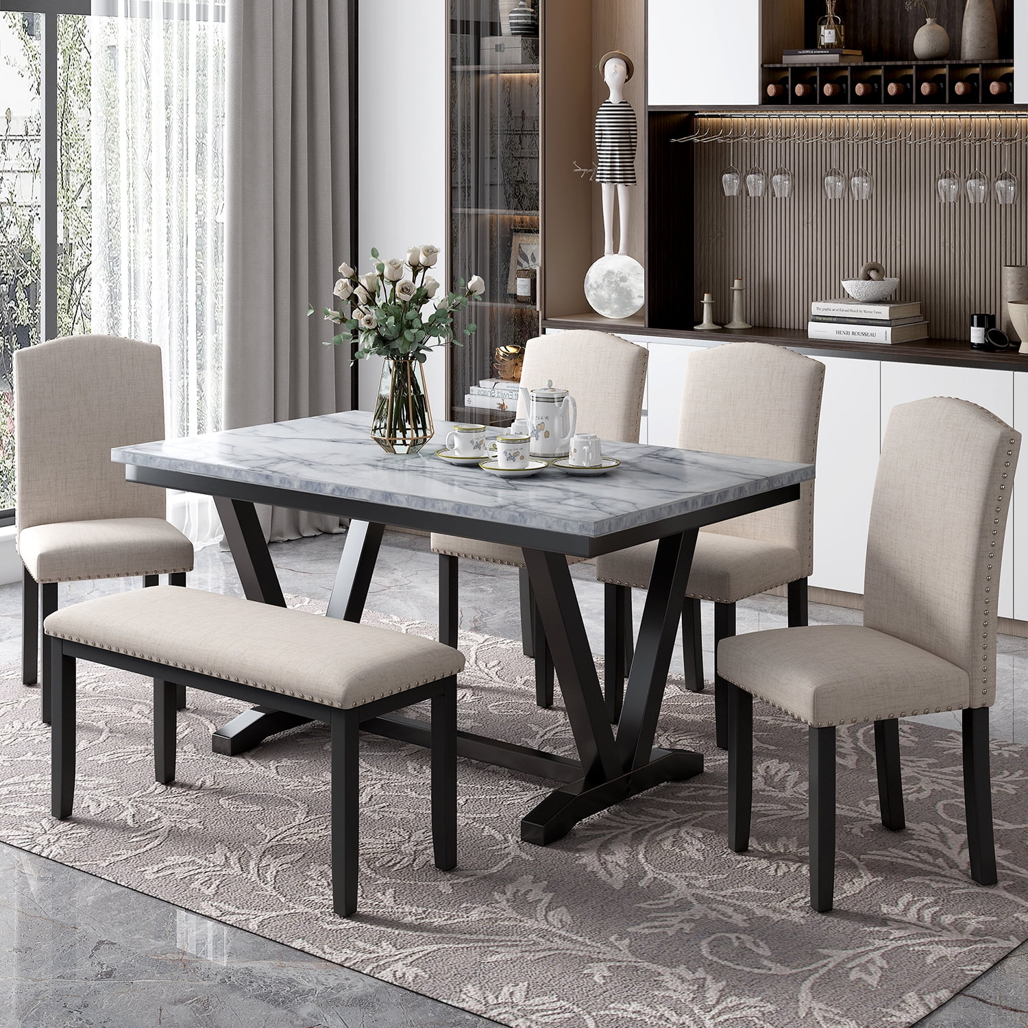 Kadyn 6 Piece Dining Table Set, Dining Table with 4 Chairs & 1 Bench, Dining Table Set with Marbled Veneers Tabletop for Home, White Kadyn 6 Piece Dining Table Set, Dining Table with 4 Chairs & 1 Bench, Dining Table Set with Marbled Veneers Tabletop for Home, White