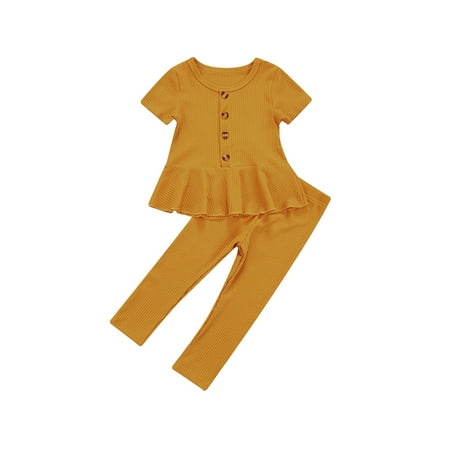 

wybzd Toddler Girls Basic Solid Color Rib Knitted Short Sleeve Ruffle Tunic Dress Top Leggings Pants Outfits Sets Yellow 3-4 Years