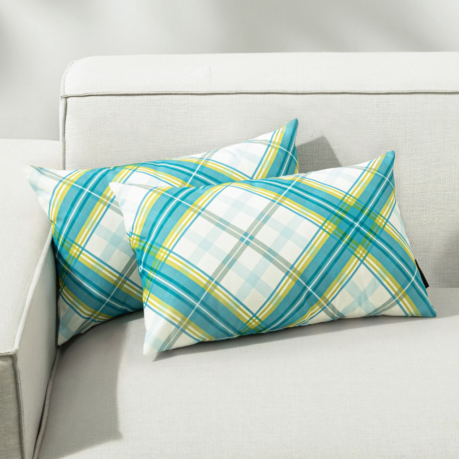 Phantoscope Buffalo Plaid Decorative Throw Pillows with Inserts, Double-Sided Printed Checkered Design, 12 x 20 in, Teal, 2 Pack
