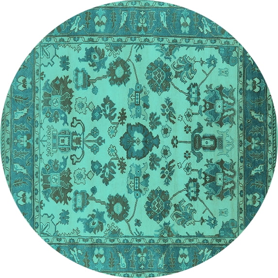 Ahgly Company Machine Washable Indoor Round Oriental Turquoise Blue Industrial Area Rugs, 5' Round