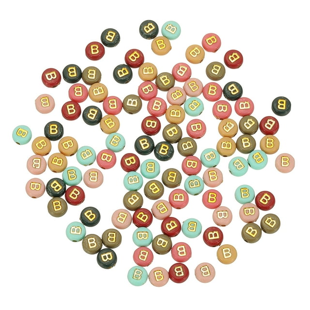 Uxcell 100 Pcs Perlas de Letras Acrílicas, Perlas Redondas Coloridas de Alfabeto de 4x7mm con Letra Dorada B, Perlas Espaciadoras de Alfabeto Planas para Hacer Joyería, Pulseras y Collares