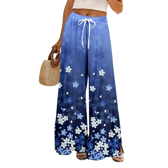 Vacation Beach Floral Palazzo Pants Ladies Elastic Drawstring Waist Loose Wide Leg Pants with Side Pockets Blue 2XL