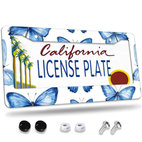 1 Pcs Blue Butterflies License Plate Frame, License Plate Cover for Car Decorative Parts, Aluminum License Plate Bracket Holder Rust-Proof Weather-Proof for US Standard Car