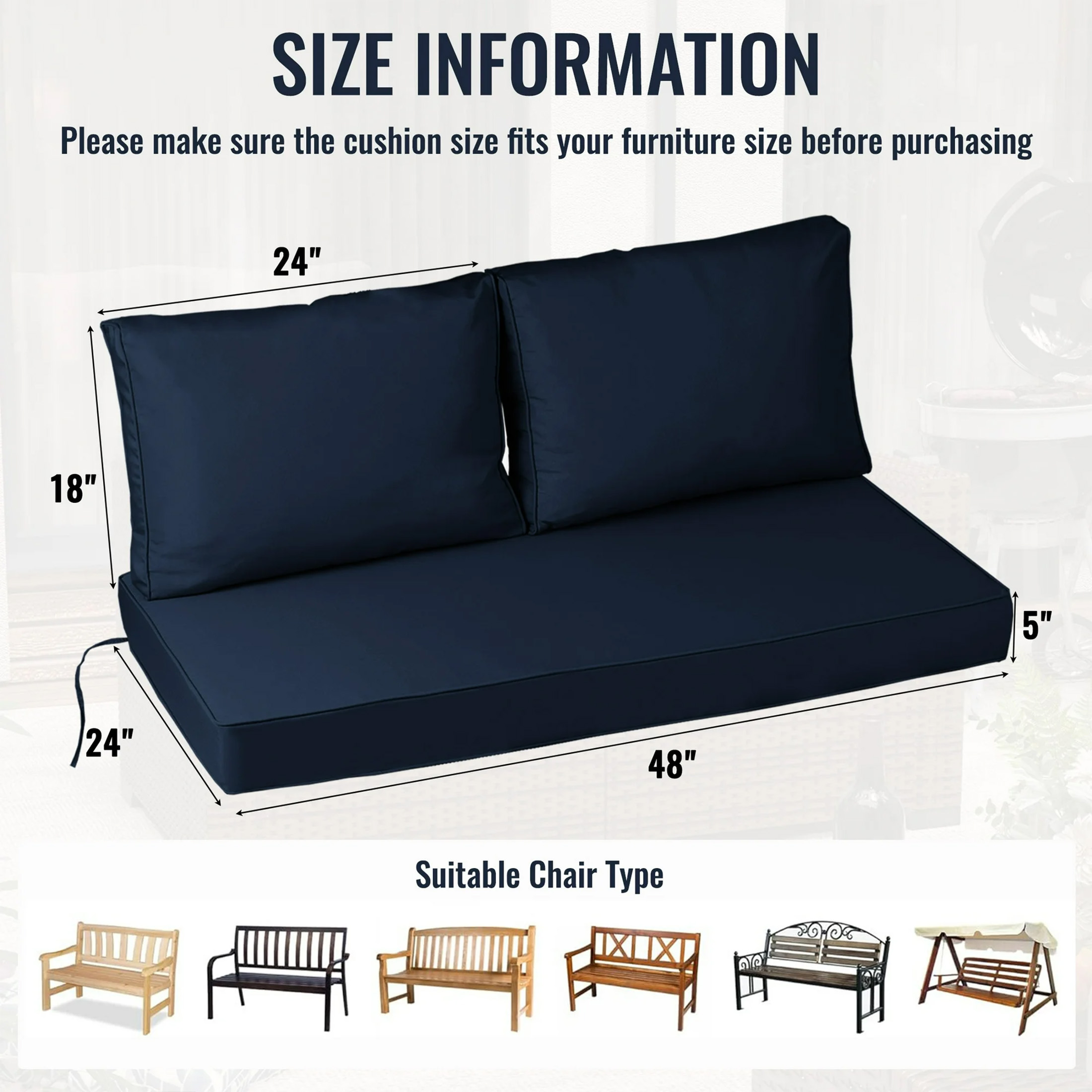 Outdoor Loveseat Cushion Set, 48 x 24 inch, Water Repellent Patio Furniture Cushions Replacement with Removable Cover( Navy blue)