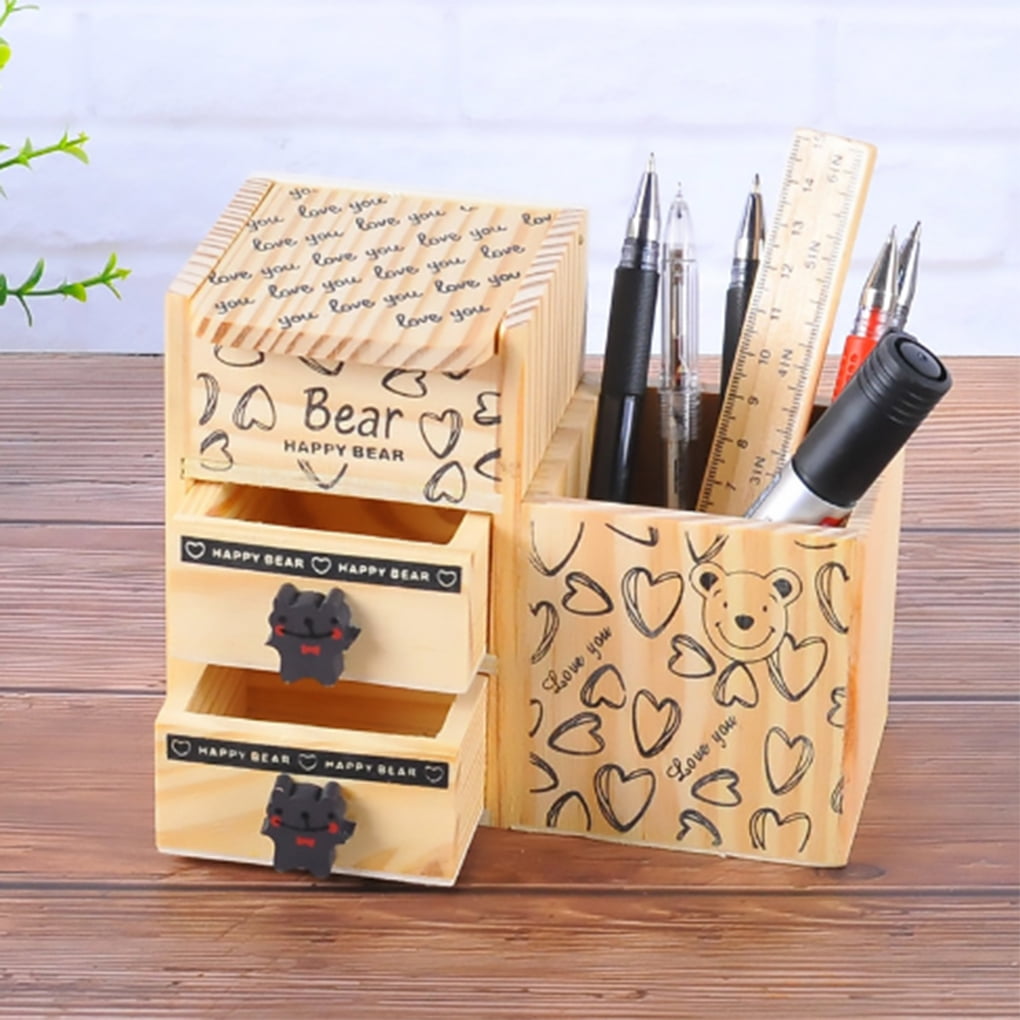 ziyahihome Cute Cartoon Bear Wooden Pen Holders Desk Tidy Organizer Pencil Box Stationery Pens Pot School Office Supplies Walmart