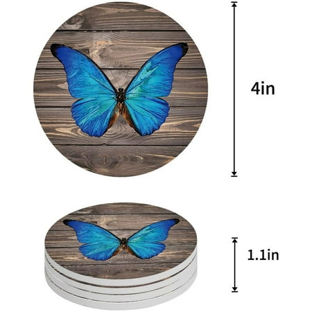 

KXMDXA Blue Butterfly on Rustic Wooden Plank Set of 4 Round Coaster for Drinks Absorbent Ceramic Stone Coasters Cup Mat with Cork Base for Home Kitchen Room Coffee Table Bar Decor