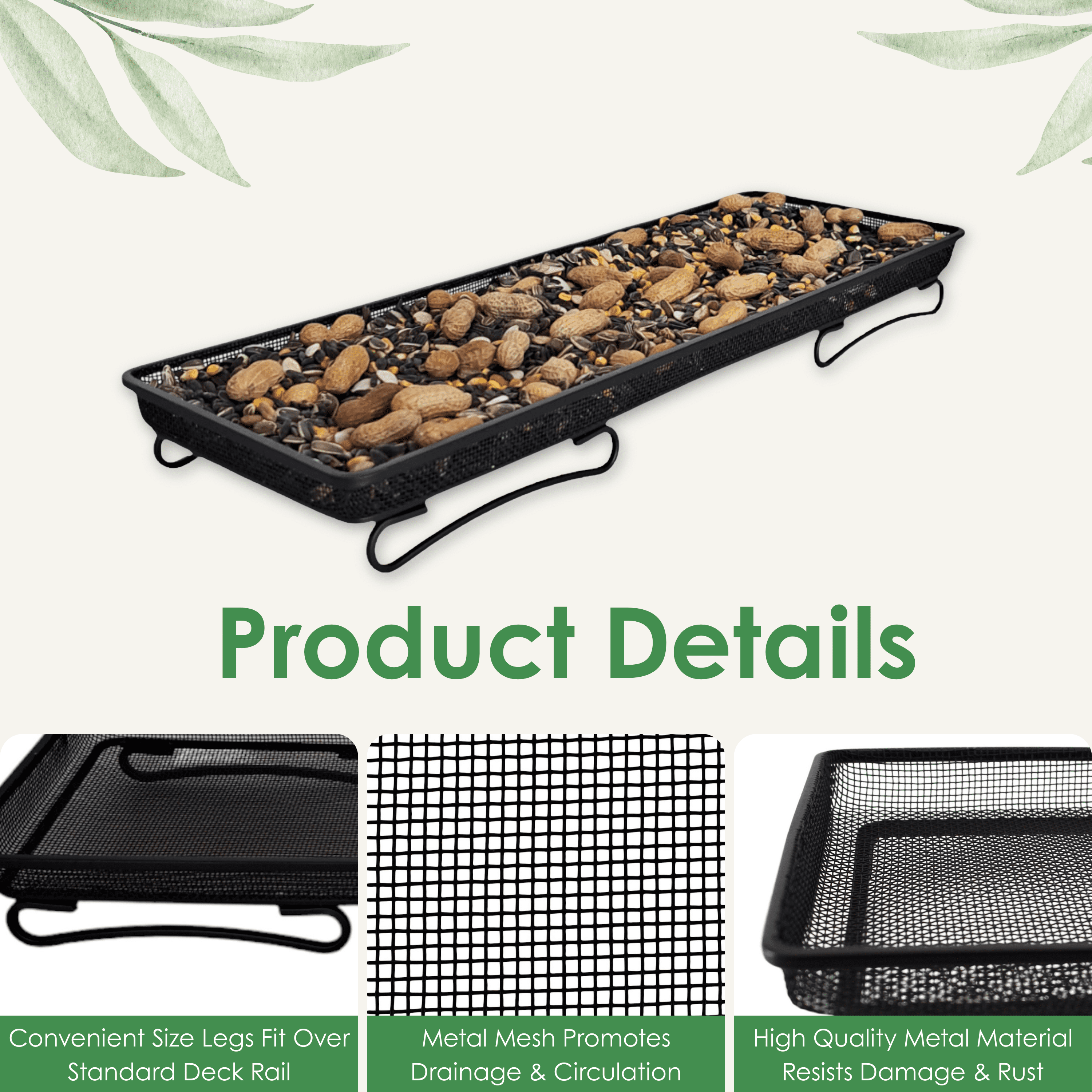 Backyard Essentials Mammoth Deck and Ground Feeder Tray - Metal Bird Feeder Tray for Cardinals, Finches Woodpeckers, Jays and Squirrels