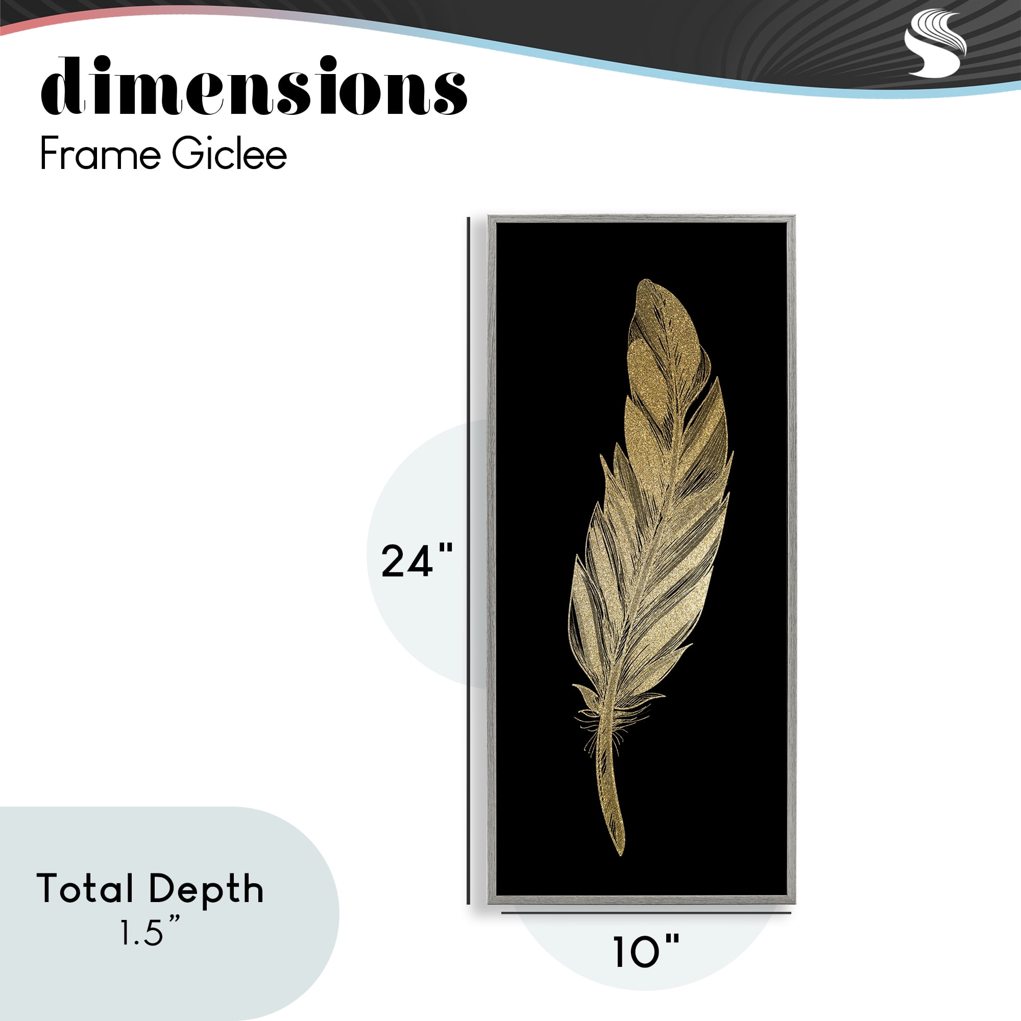 Glam Feather Black & Gold Gray Framed Giclee Art, design by Kim Allen