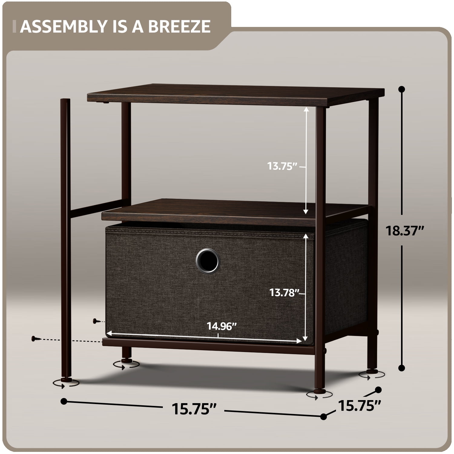 Sorbus 1-Drawer Nightstand with Shelf, Fabric Bin Storage, Steel Frame, Brown