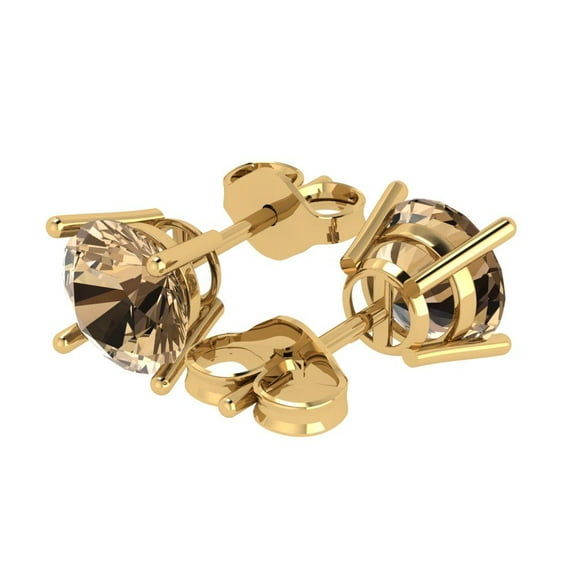 4 Ct Round Cut Studs Champagne Crystal 14K Yellow Solid Gold Everyday Dainty Earrings Push Back
