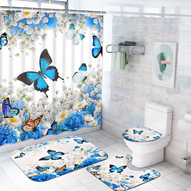 Juego de cortinas de ducha Ikfashoni con forma de flor y mariposa azul, 4 unidades