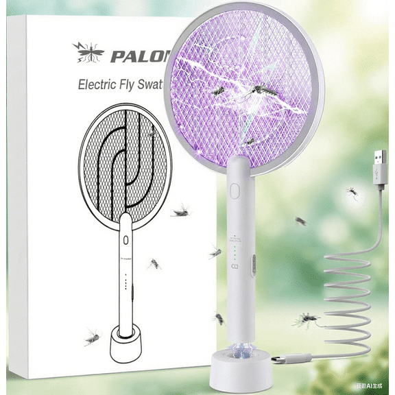 Electric Fly Swatter, 4000V 2 in 1 Bug Zapper Racket with 1200mAh Battery Rechargeable Mosquito Killer Lamp with 3 Layers Safety Mesh for Indoor and Outdoor (White)