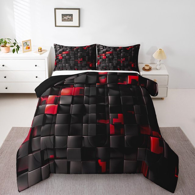 Erosebridal Geometric Square Comforter Sets Queen Size,Futuristic Cubes Bedding Queen Comforter Set,Stereoscopic Room Decorative,Reversible,3Pcs
