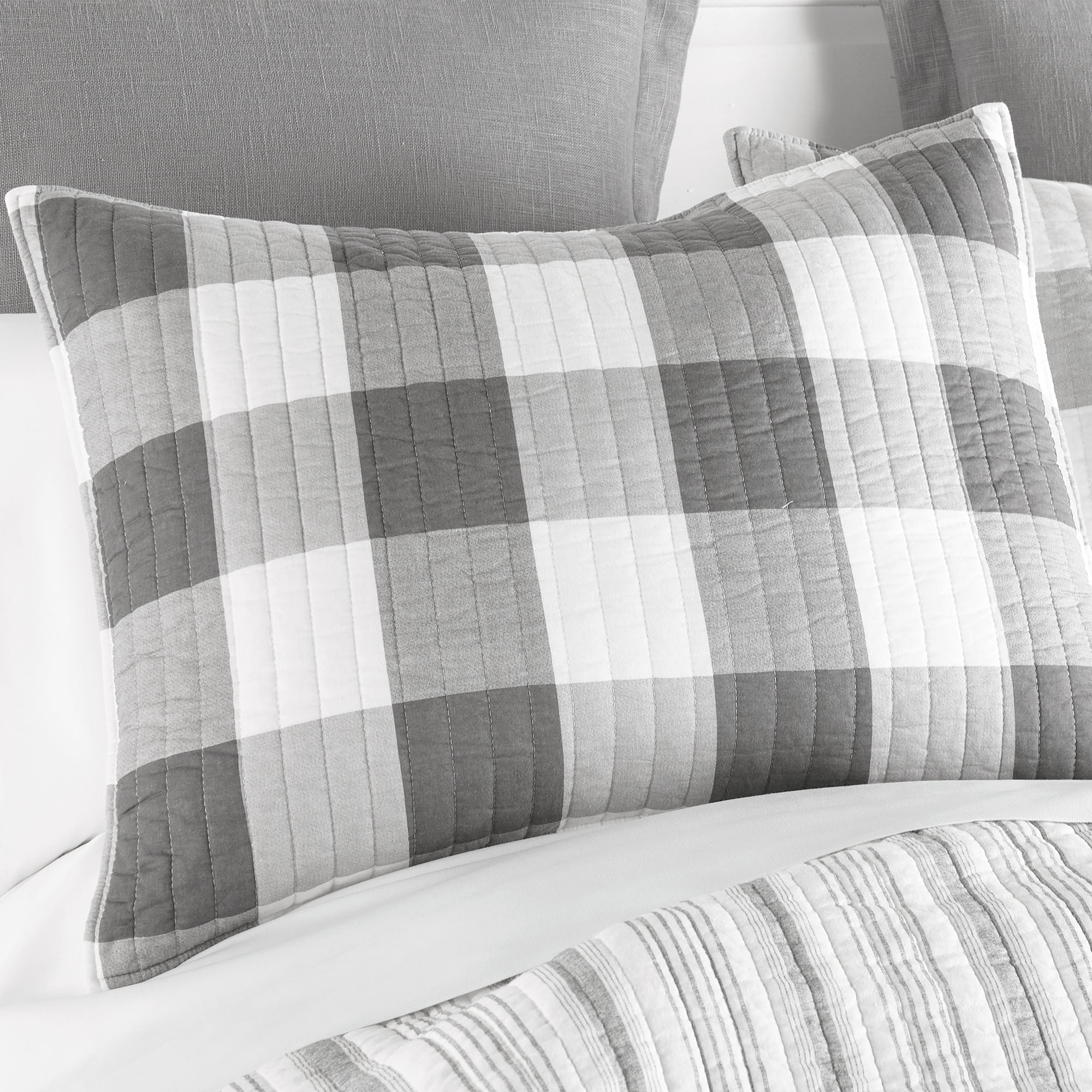 Levtex Home - Camden Grey Quilt Set -King/Cal King Quilt + Two King Pillow Shams - Buffalo Check in Grey and Cream - Quilt Size (106 x 92 in.) and Pillow Sham Size (36 x 20 in. )