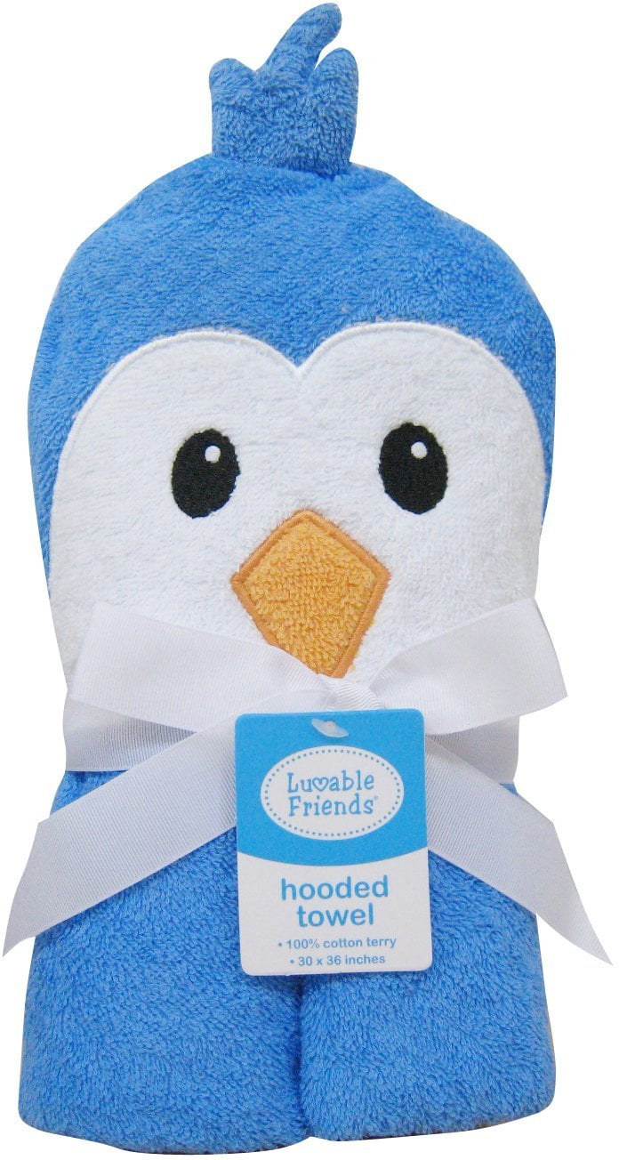 Luvable Friends Penguin Hooded Bath Robe - Blue Animal Face Robe For Babies 0-9 Months