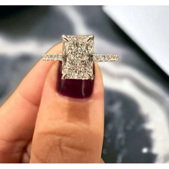 Jewelerix Radiant Cut Moissanite Engagement Ring with Pave Band, 10K White Gold Plated, Elegant Solitaire Look for Women