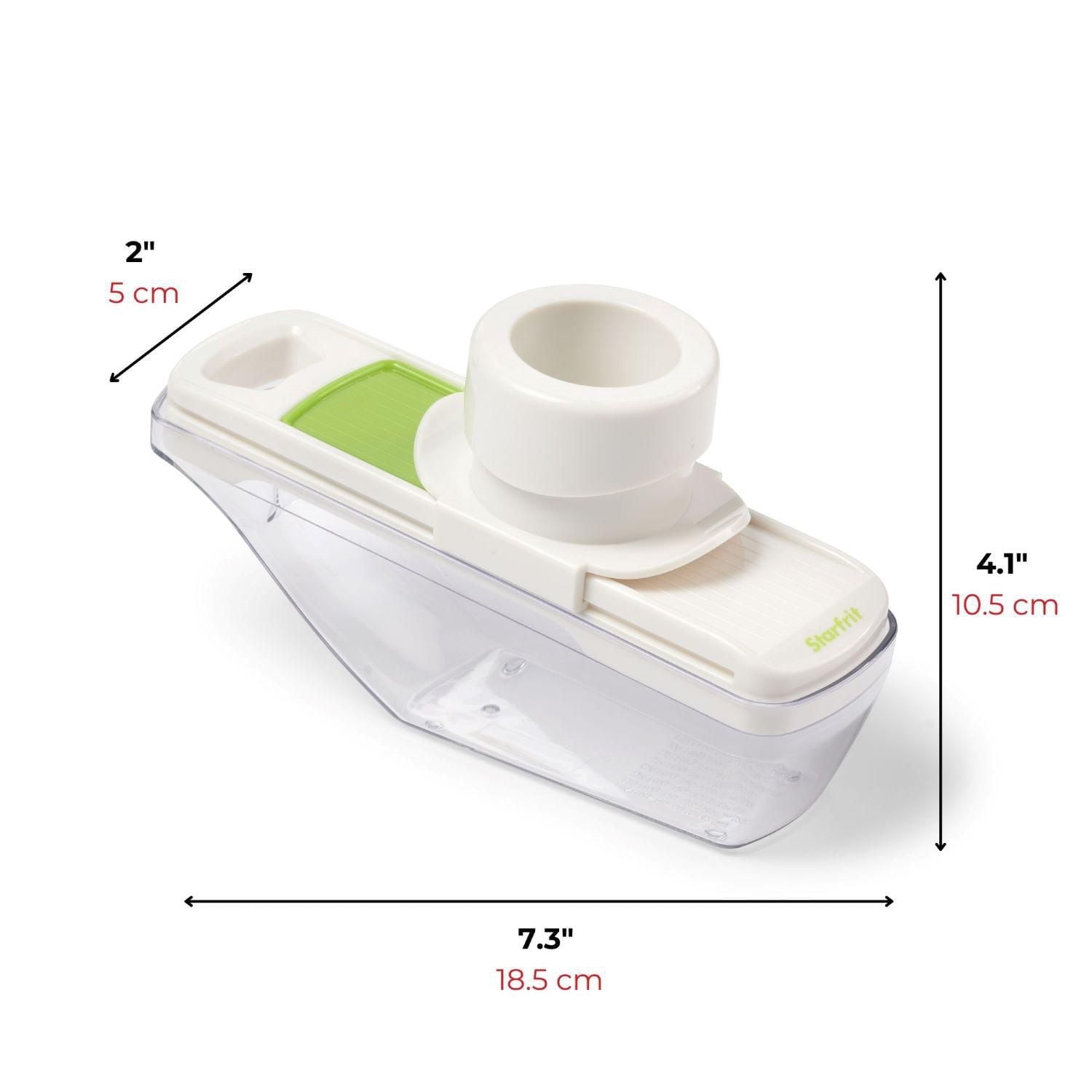 Starfrit Precision Slicer - Compact Mandoline - Perfect for Garlic & Ginger - 2 Thicknesses - Self Feeding Pusher - Food Container