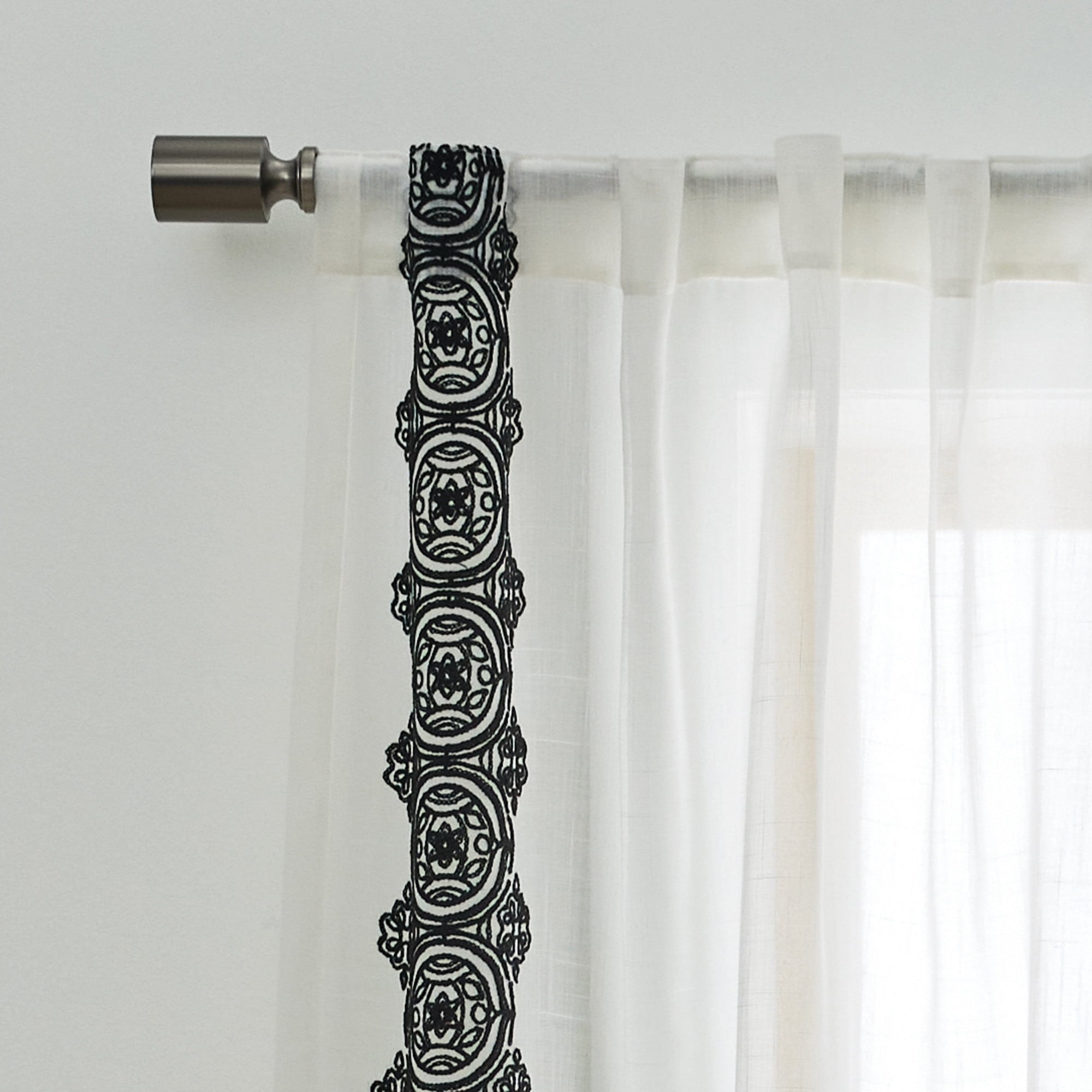 Better Homes & Gardens Embroidered Border Light Filtering Indoor Curtain Single Panel, Pole Top, Back Tab, Vanilla Dream, Rich Black, Polyester, Recycled Poly, 50"W x 84"L, Adult
