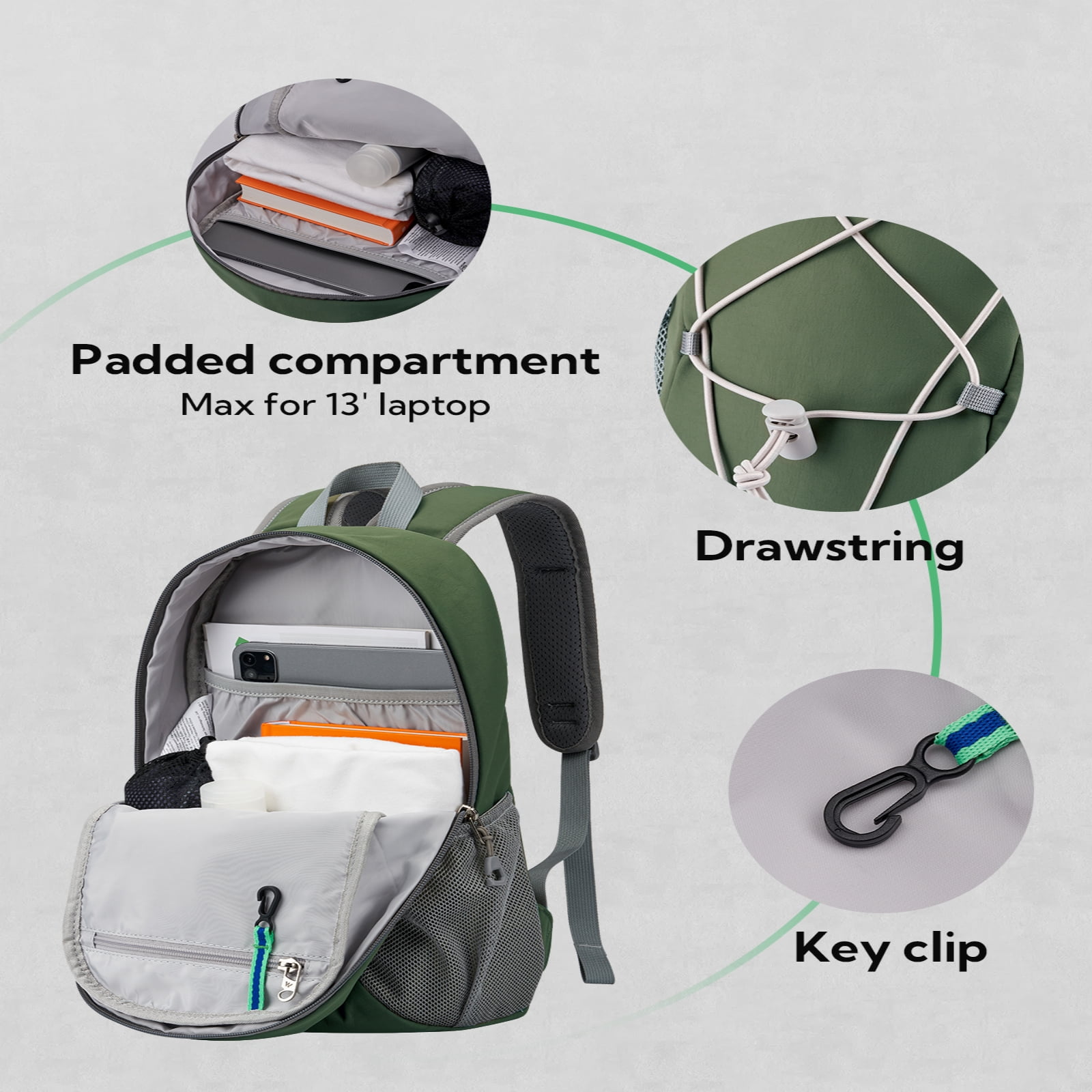 WATERFLY Unisex 12L Small Drawstring Lightweight Travel Hiking Backpack Daypack,Olive Green