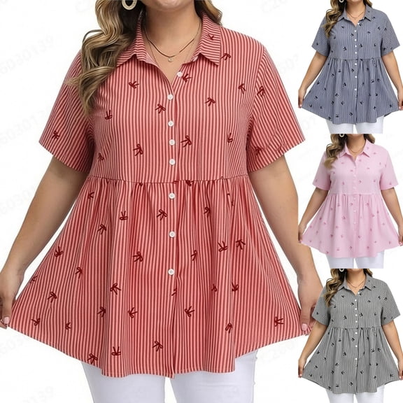 VBVC Women's and Women's Plus Button Down Shirt , Ladies' Short Sleeve Smock Tunic Top , Striped Babydoll Summer Flowy Blouse For Women, Black , S-5XL