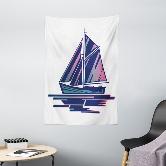 Sailing Boat Tapestry, Continuous Sailing Boat 80's Style on Plain Backdrop Pattern, Wall Hanging for Bedroom Living Room Dorm Decor, 40W X 60L Inches, Sky Blue White and Mauve, by Ambesonne
